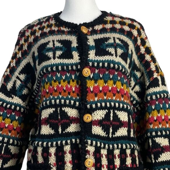Express Vintage Tricot Chunky 3-D Hand Knit Wool Cardigan Sweater Size Small 90s - Picture 2 of 13